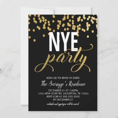 NYE Party Invitation  Black and Gold Confetti