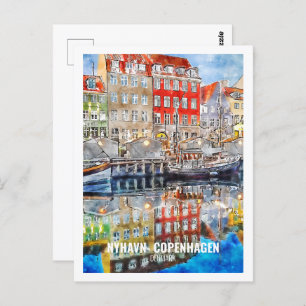 Nyhavn Copenhagen Denmark Travel Watercolor Sketch Postcard
