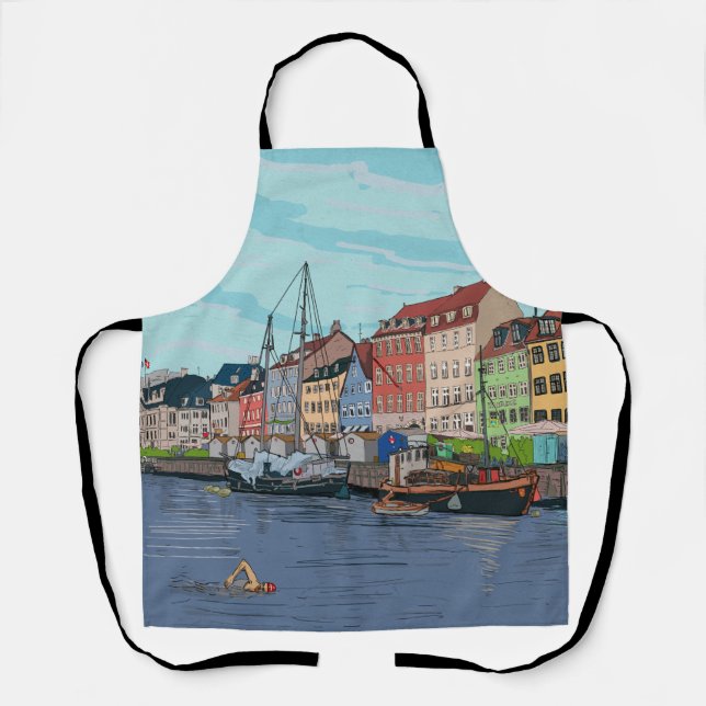 Nyhavn Copenhagen Denmark Whimsical llustration Apron (Front)
