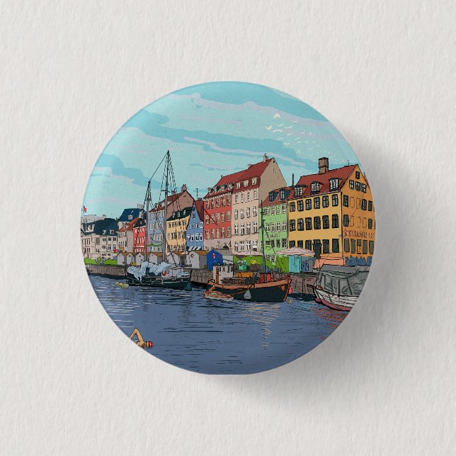Nyhavn Copenhagen Denmark Whimsical llustration Button (Front)
