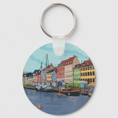 Nyhavn Copenhagen Denmark Whimsical llustration Keychain