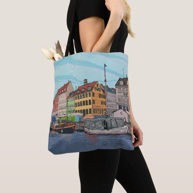 Nyhavn Copenhagen Denmark Whimsical llustration Tote Bag (Close Up)