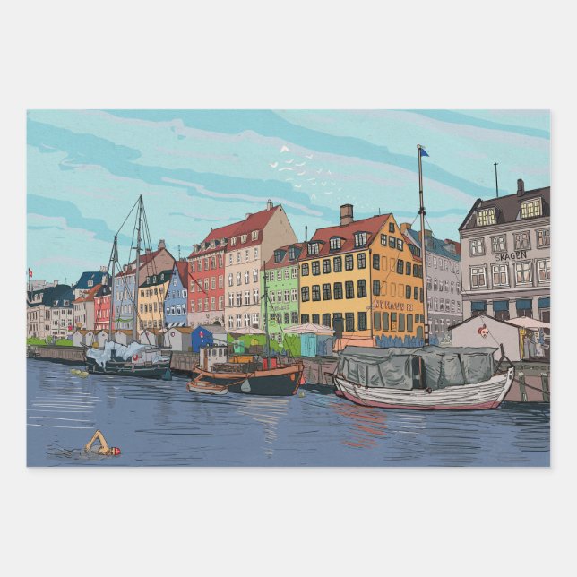 Nyhavn Copenhagen Denmark Whimsical llustration Wrapping Paper Sheets (Front)
