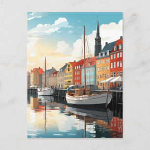 Nyhavn Copenhagen Harbor Denmark Travel Watercolor Postcard