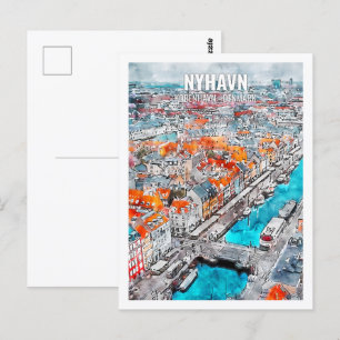 Nyhavn Kobenhavn Denmark Travel Place Watercolor Postcard