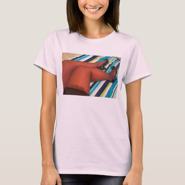 Nylon Thigh Highs in Shiny Pumps Shoes T-Shirt (Front)