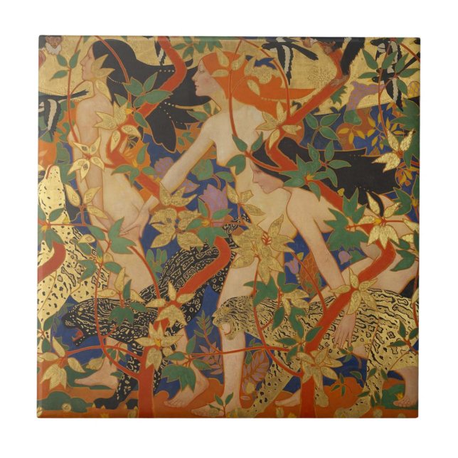 Nymphs art nouveau ceramic tile (Front)