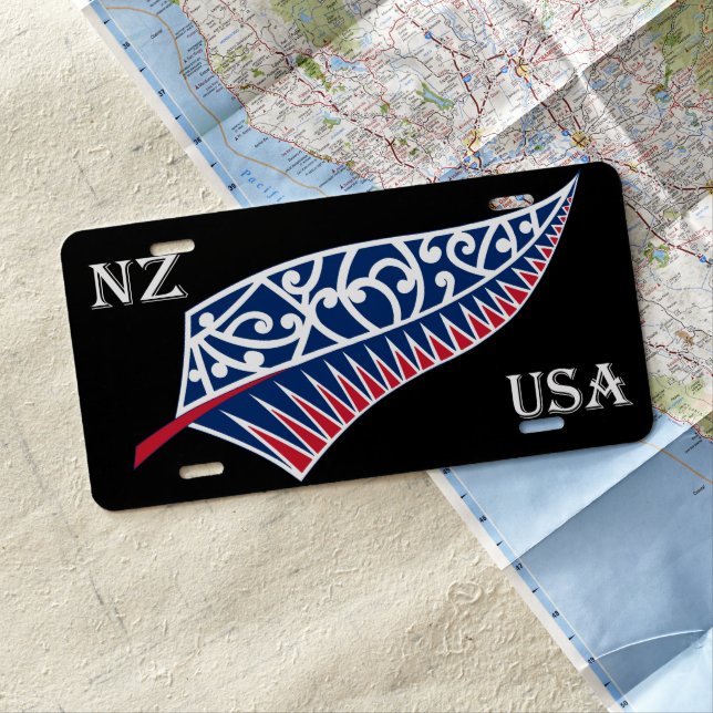 NZ-USA,  Silver Fern Design. Black License Plate (In Situ)