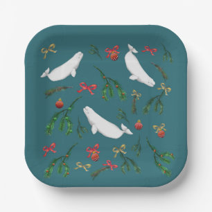 O Christmas Beluga Whale Illustration Holiday Paper Plates