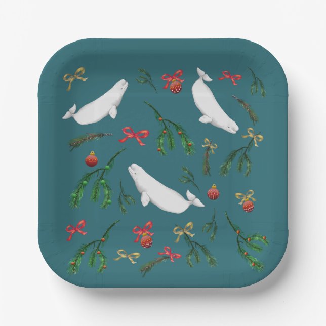 O Christmas Beluga Whale Illustration Holiday      Paper Plates (Front)