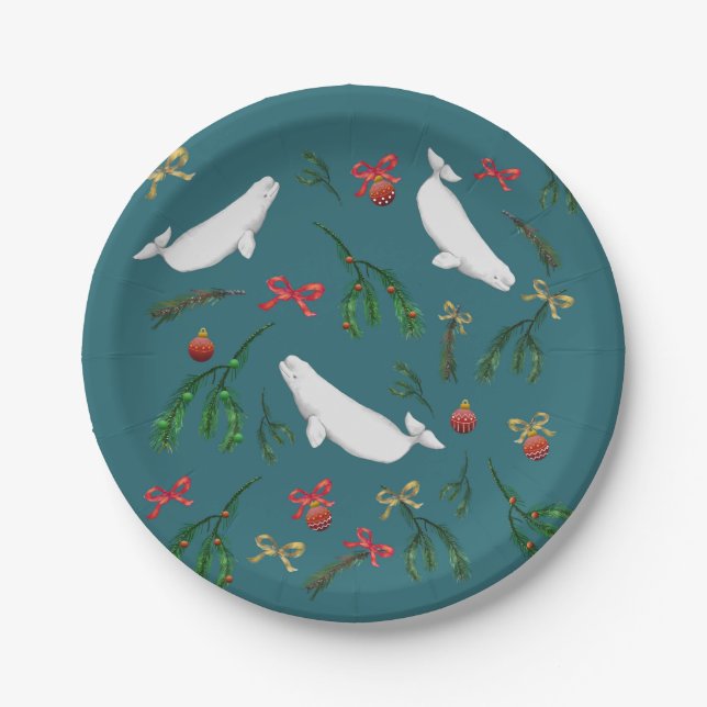 O Christmas Beluga Whale Illustration Holiday     Paper Plates (Front)