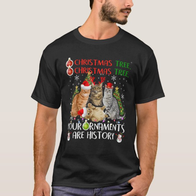O Christmas Tree Funny Santa Reindeer Cat Lover Ch T-Shirt (Front)