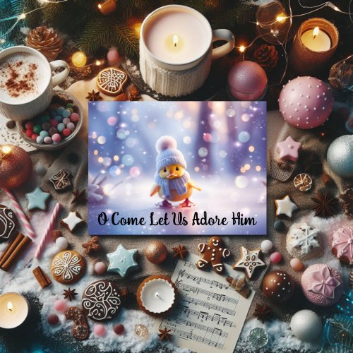 O Come Let Us Adore Him Baby Duckling Bible Verse Foil Holiday Postcard