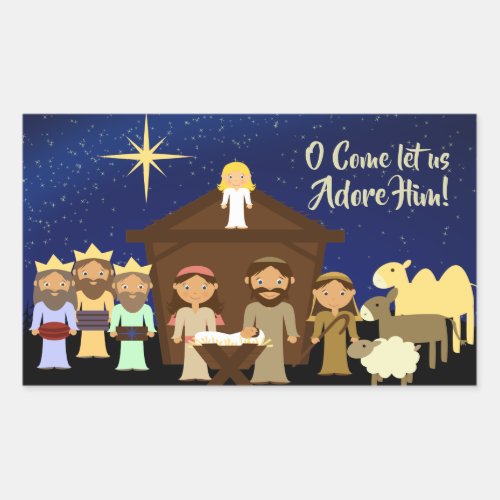 O Come Let us Adore Him Christmas Nativity Rectangular Sticker