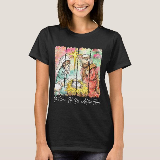 O Come Let Us Adore Him Jesus Christian Christmas  T-Shirt (Front)