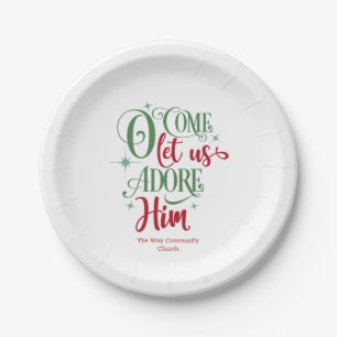 O Come Let Us Adore Him Red Green Elegant Paper Plates