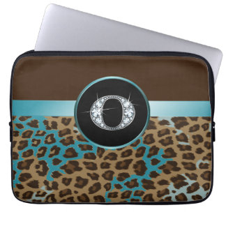 O "Diamond" Brown Teal Leopard & Ribbon Laptop Sleeve