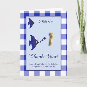 O Fish Ally 1st Birthday Photo Blue Gingham Thank You Card