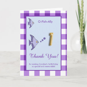 O Fish Ally 1st Birthday Photo Purple Gingham Thank You Card