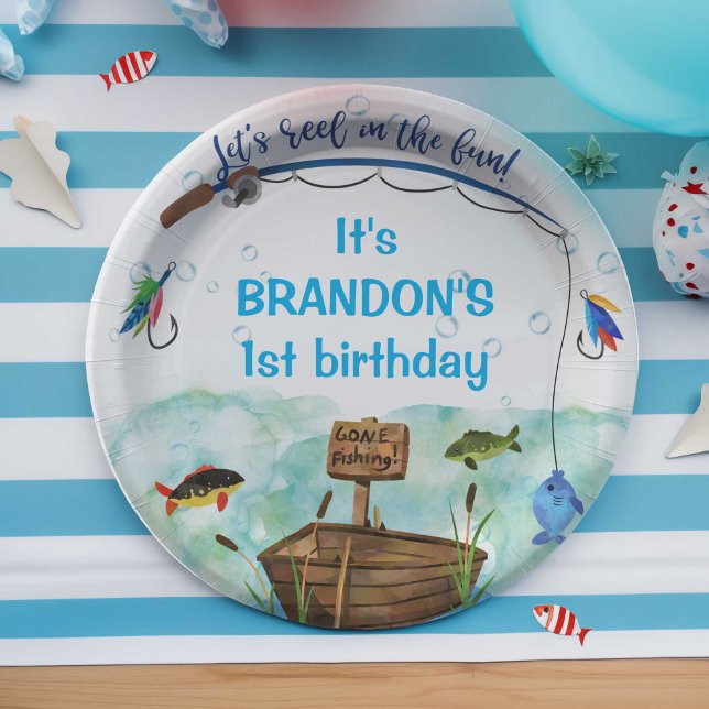 O-fish-ally gone fishing themed birthday party paper plates (O-fish-ally, gone fishing, little fisherman, boy 1st birthday paper plate.)