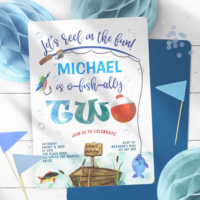 O-fish-ally, little fisherman, Boy 2nd birthday Invitation (O-fish-ally, Fishing themed, boy 2nd birthday invitation.)