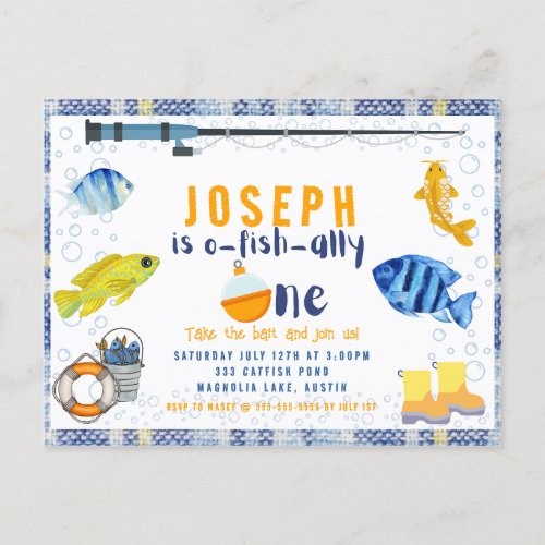 O Fish Ally One Fishing 1st Birthday Invitation Postcard