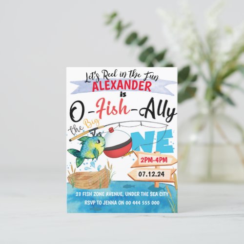 O_Fish_Ally One Fishing 1st Birthday Invitation Postcard