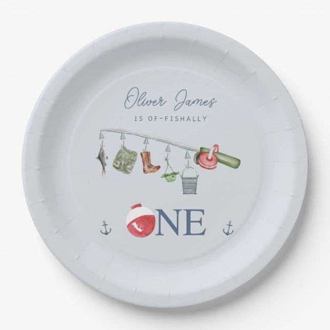 O-fish-ally one fishing 1st boy birthday paper plates (Front)