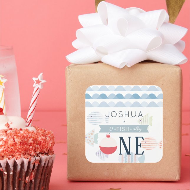 O-fish-ally One Fishing Boy White 1st Birthday Square Sticker (Party)