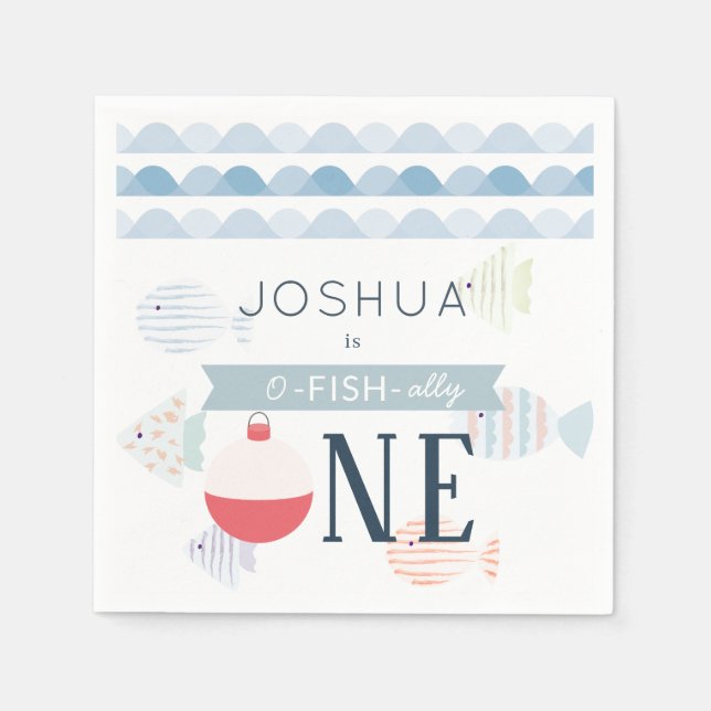 O-fish-ally One Fishing Boy White Birthday  Napkins (Front)