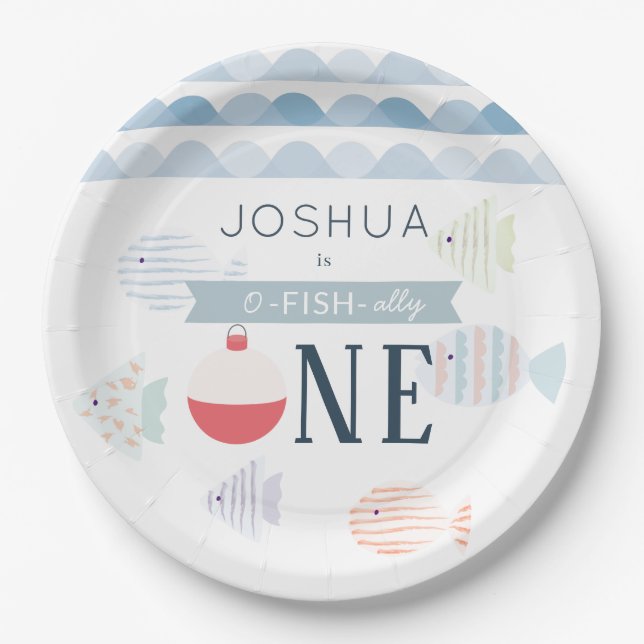 O-fish-ally One Fishing Boy White Birthday Paper Plates (Front)