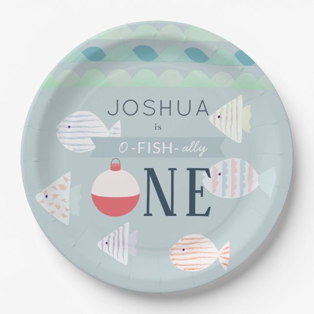 O-fish-ally One Fishing Turquoise Boy Birthday Paper Plates (Front)