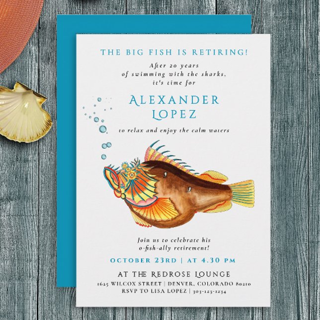 O-fish-ally Retired Blue Retro Fish Watercolor Invitation (Creator Uploaded)