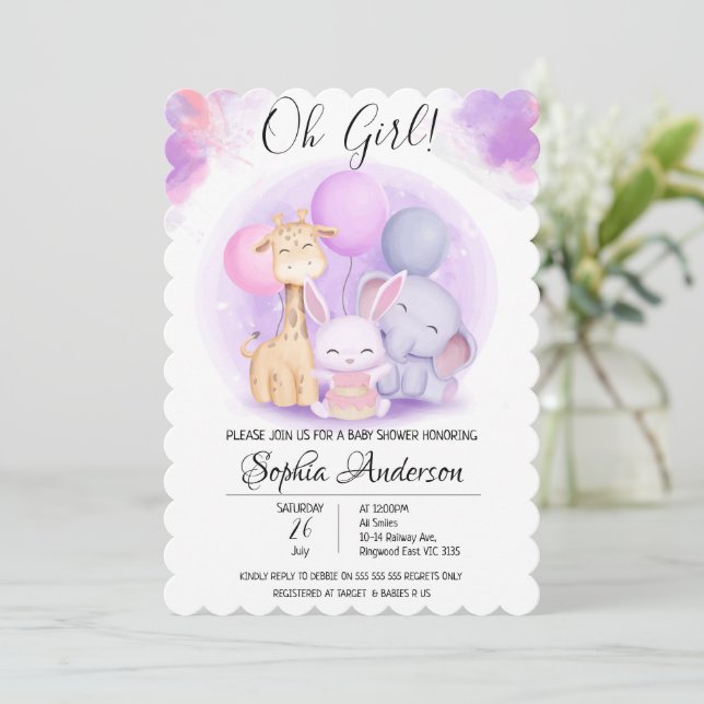 O Girl Elephant Giraffe Rabbit Balloon Baby Shower Invitation (Standing Front)