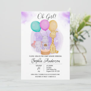 O Girl Elephant Hippo Giraffe Balloons Baby Shower Invitation