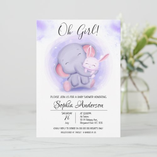 O Girl Rabbit and Elephant Baby Shower Invitation