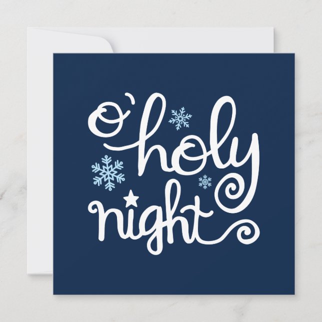 O Holy Night Blue White Hand Lettered Christmas Holiday Card (Front)