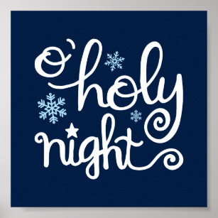 O Holy Night Blue White Hand Lettered Christmas Poster
