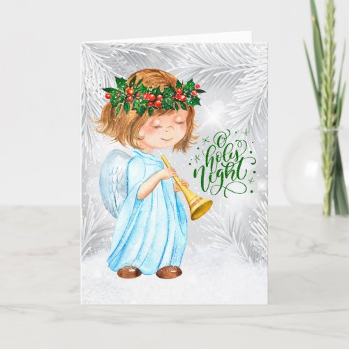 O Holy Night Christmas Angel Girl and Pines Holiday Card