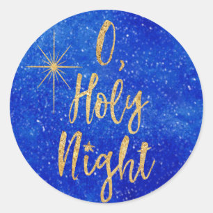 O Holy Night Christmas Blue and Gold Classic Round Sticker