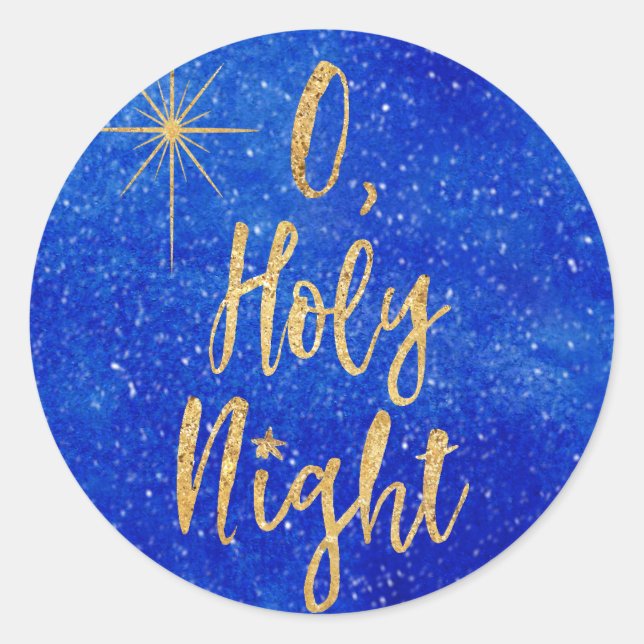 O Holy Night Christmas Blue and Gold Classic Round Sticker (Front)