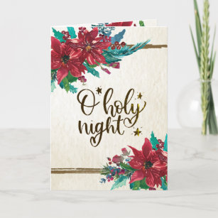 O Holy Night, Christmas Carol Red Poinsettia Holiday Card