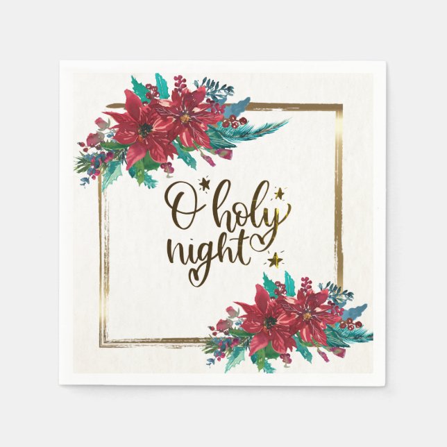 O Holy Night, Christmas Carol Red Poinsettia Napkins (Front)