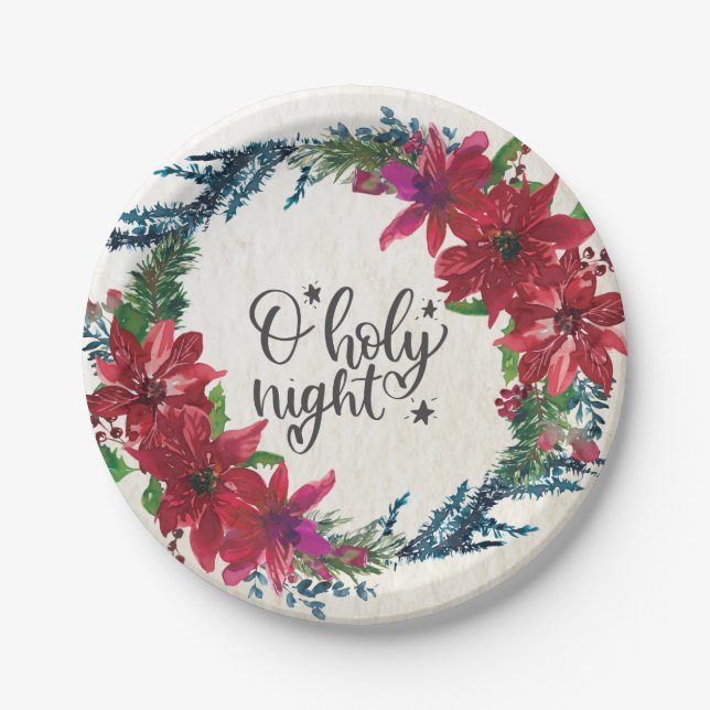 O Holy Night, Christmas Carol Red Poinsettia Paper Plates (Front)