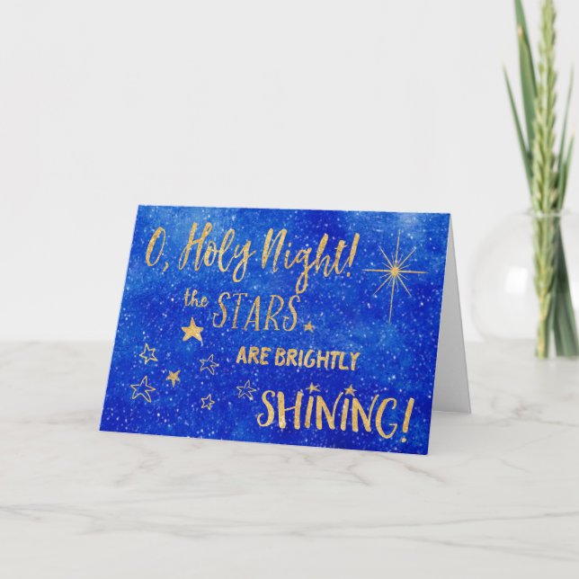 O Holy Night Christmas Gold Blue Christmas Card (Front)