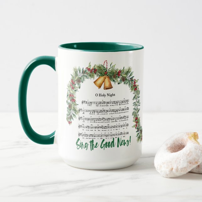 O HOLY NIGHT Christmas Hymn & Scripture Green 15oz Mug (With Donut)