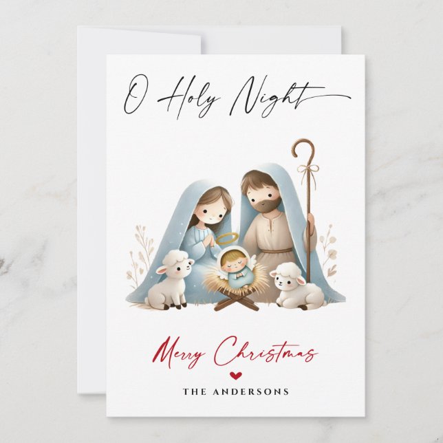 O Holy Night Christmas Nativity Scene Family Photo Holiday Card (Front)