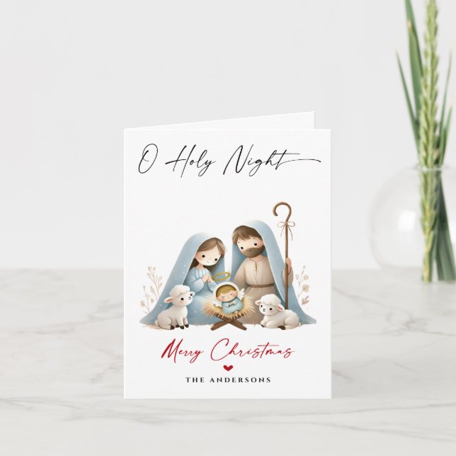 O Holy Night Christmas Nativity Scene Family Photo Holiday Card (Front)