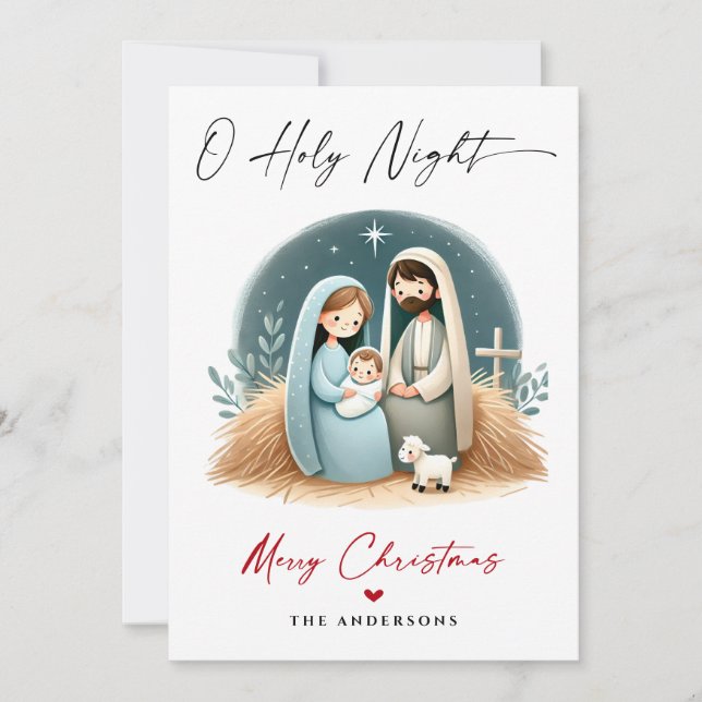 O Holy Night Christmas Nativity Scene Family Photo Holiday Card (Front)