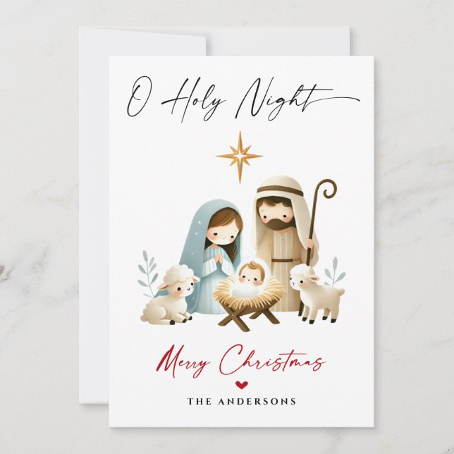O Holy Night Christmas Nativity Scene Family Photo Holiday Card (Front)